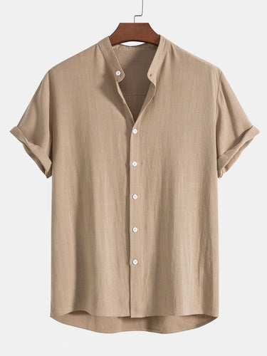 Classic Men’s Short Sleeve Band Collar Shirt And Drawstring Trousers Set