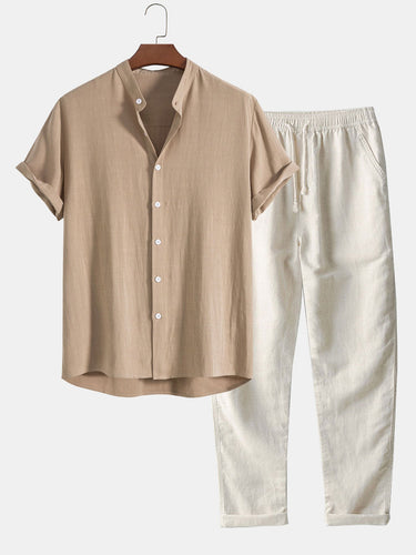 Classic Men’s Short Sleeve Band Collar Shirt And Drawstring Trousers Set