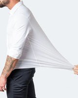 Close-up of the button placket and collar on a men's stretch shirt