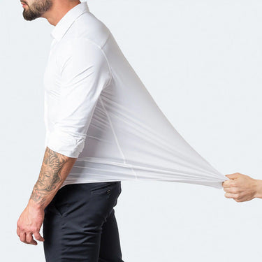 Close-up of the button placket and collar on a men's stretch shirt