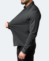 Rear view of a men's classic stretch shirt with straight hem