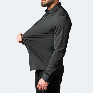 Rear view of a men's classic stretch shirt with straight hem