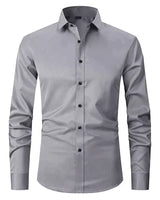 Men's stretch shirt laid flat showing the full silhouette and collar detail