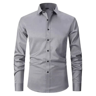 Men's stretch shirt laid flat showing the full silhouette and collar detail
