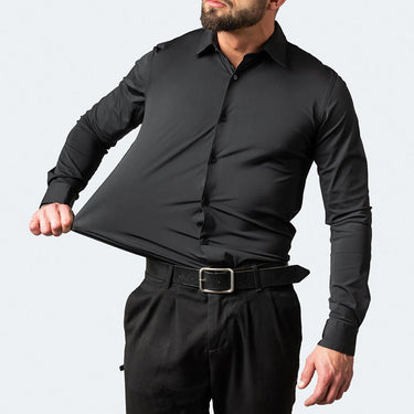 Front view of a men's white stretch shirt with button placket and classic collar