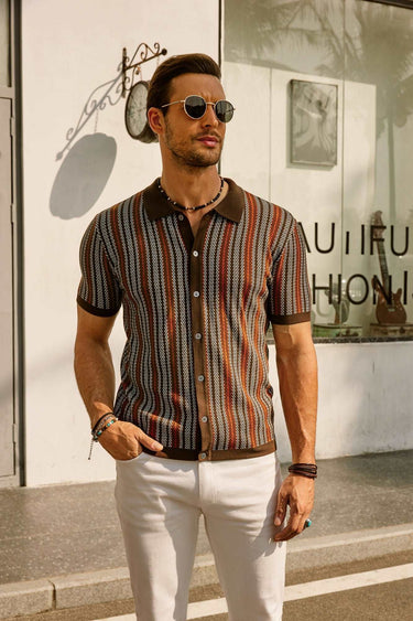 Classic Men’s Striped Knit Polo Shirt With Button Front And Short Sleeves