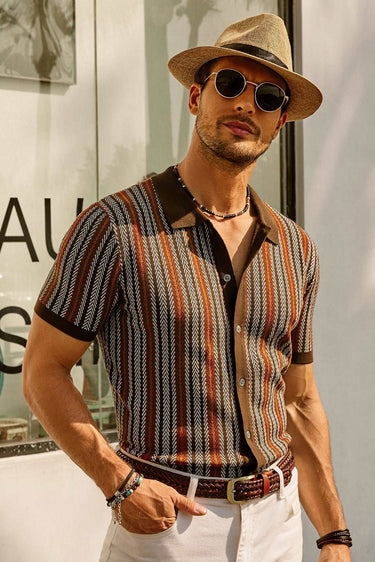 Classic Men’s Striped Knit Polo Shirt With Button Front And Short Sleeves