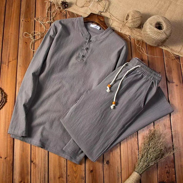Classic Men’s Two Piece Set With Stand Collar Shirt And Drawstring Trousers
