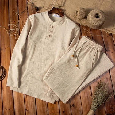 Classic Men’s Two Piece Set With Stand Collar Shirt And Drawstring Trousers