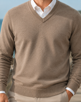 Men's wool-blend V-neck jumper worn over a white shirt, side view