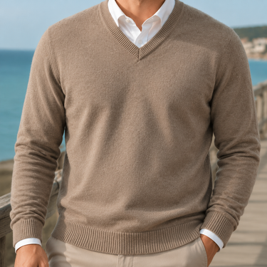Men's wool-blend V-neck jumper worn over a white shirt, side view