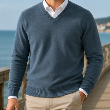 Back view of men's V-neck jumper showing ribbed hem detail