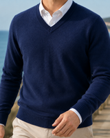 Close-up of ribbed cuffs on men's wool-blend V-neck jumper