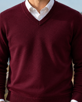 Men's V-neck jumper in wool-blend knit with ribbed collar and cuffs, front view