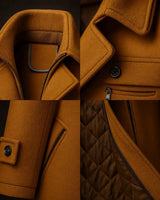 Close-up of the double-layer collar detail on the wool overcoat
