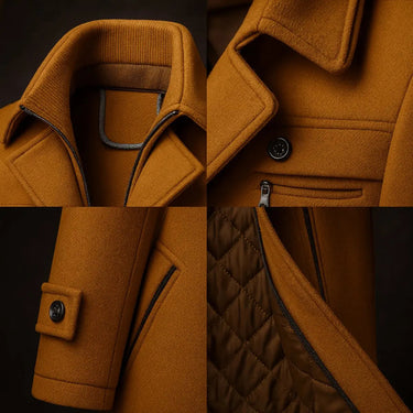 Close-up of the double-layer collar detail on the wool overcoat