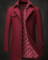 Side view of the men's wool overcoat showing mid-length silhouette and buttoned cuffs