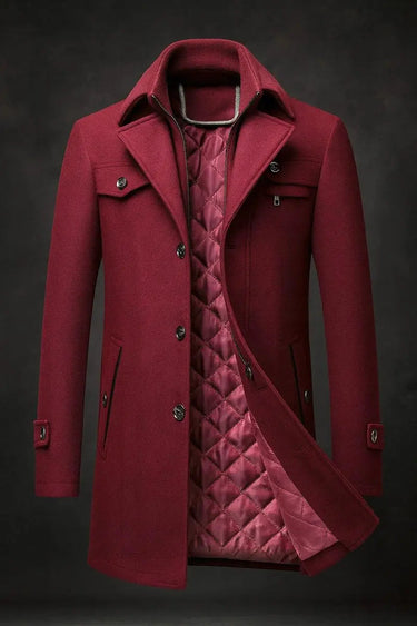 Side view of the men's wool overcoat showing mid-length silhouette and buttoned cuffs