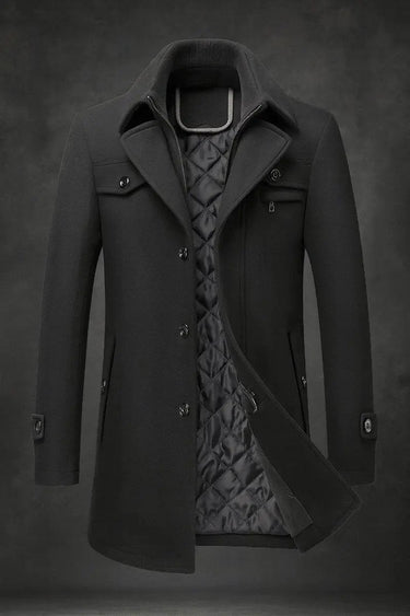Rear view of the men's single-breasted wool overcoat showing structured back panel