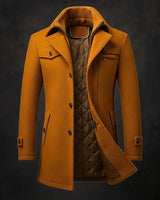 Men's wool overcoat with double collar and single-breasted front, full-length front view