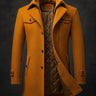 Men's wool overcoat with double collar and single-breasted front, full-length front view