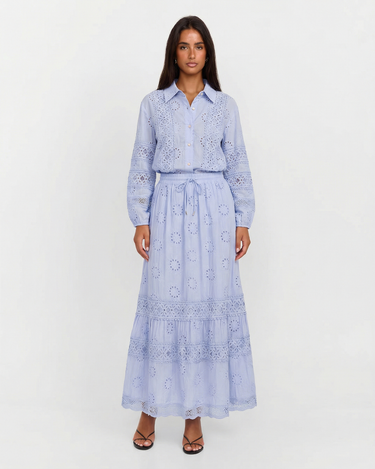 Classic Women’s Button Front Shirt And Maxi Skirt Set With Long Sleeve And Drawstring Waist