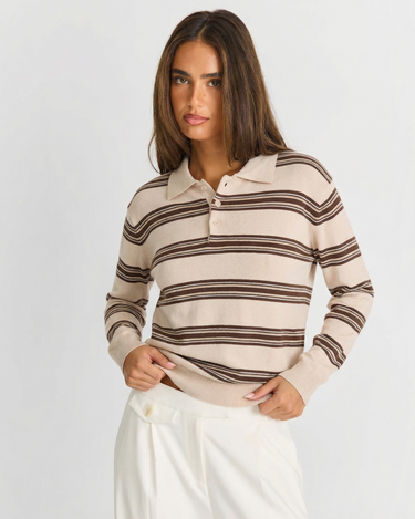 Classic Women’s Striped Knit Polo Sweater With Long Sleeve