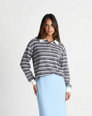Classic Women’s Striped Long Sleeve Polo Shirt with Button Placket