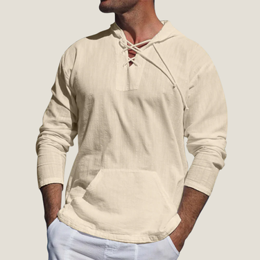 Clean Men’s Hooded Top With Lace Up V Neck And Kangaroo Pocket