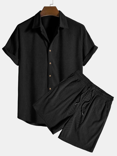 Clean Men’s Ribbed Short Sleeve Shirt And Drawstring Shorts Set