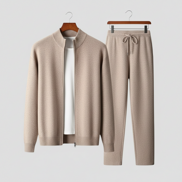 Clean Men’s Zip Up Jacket And Drawstring Trousers Set With Ribbed Collar