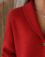 Back view of ribbed polo collar cardigan showing hem length and knit texture