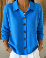 Relaxed-fit ribbed knit cardigan with polo collar and five toggle buttons, front view