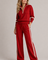 Detail of elasticated drawstring waistband on the wide-leg trousers