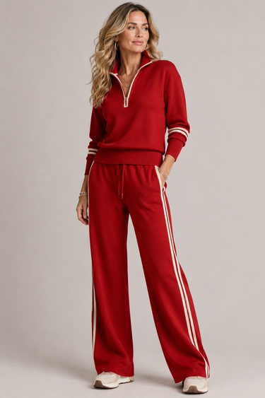 Detail of elasticated drawstring waistband on the wide-leg trousers