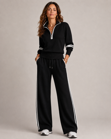 Full-length view of the two-piece set styled as a complete outfit
