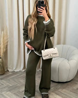 Contrast Trim Knit Lounge Set with Wide Leg Trousers