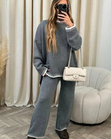 Contrast Trim Knit Lounge Set with Wide Leg Trousers