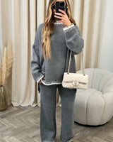 Contrast Trim Knit Lounge Set with Wide Leg Trousers