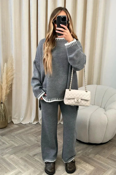 Contrast Trim Knit Lounge Set with Wide Leg Trousers