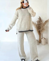 Contrast Trim Knit Lounge Set with Wide Leg Trousers