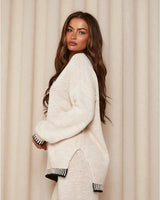 Contrast Trim Knit Lounge Set with Wide Leg Trousers