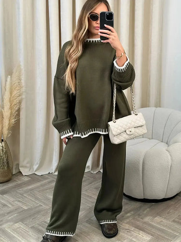 Contrast Trim Knit Lounge Set with Wide Leg Trousers