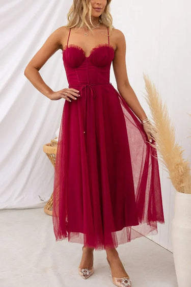 Corset Bodice Wedding Guest Dress with Tulle Midi Skirt