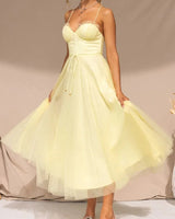 Corset Bodice Wedding Guest Dress with Tulle Midi Skirt