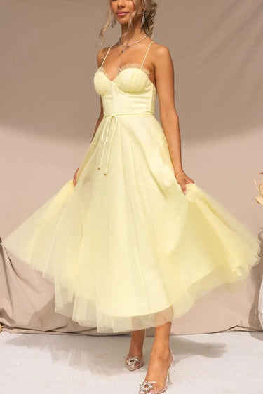 Corset Bodice Wedding Guest Dress with Tulle Midi Skirt