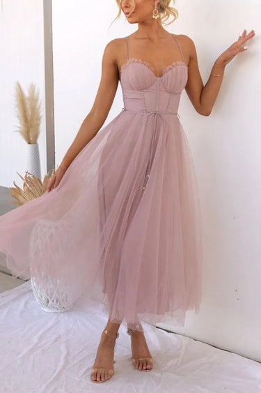 Corset Bodice Wedding Guest Dress with Tulle Midi Skirt