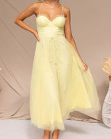 Corset Bodice Wedding Guest Dress with Tulle Midi Skirt