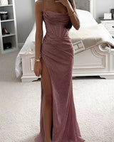 Corset Maxi Dress with High Slit and Spaghetti Straps