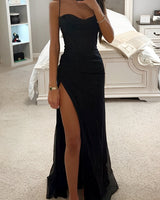 Corset Maxi Dress with High Slit and Spaghetti Straps